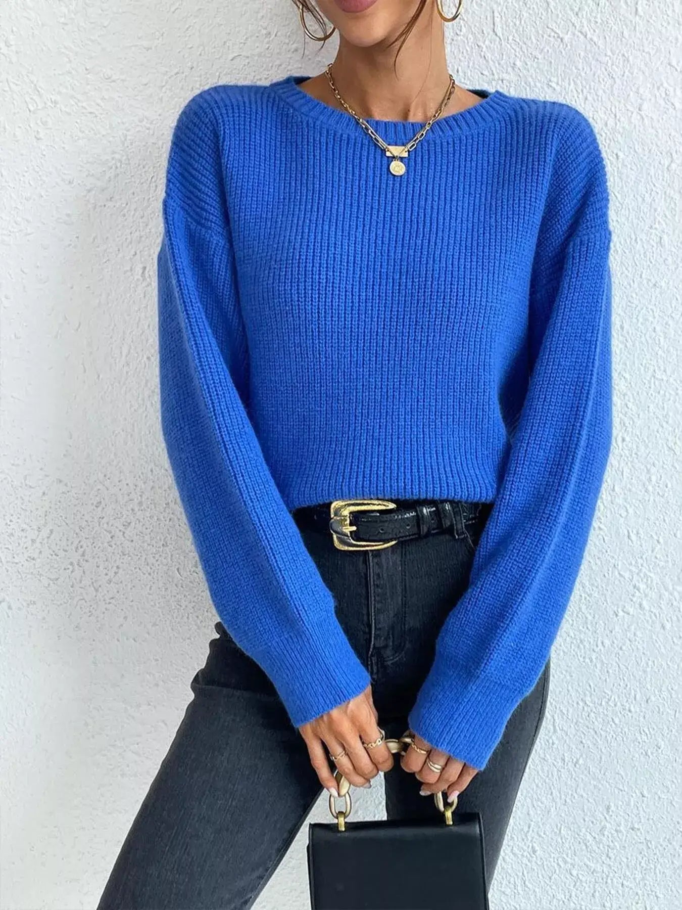 Ribbed Knit Dropped Shoulder Sweater - Trendsi - Flyclothing LLC