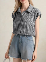 Plaid Button Up Cap Sleeve Shirt - Trendsi - Flyclothing LLC
