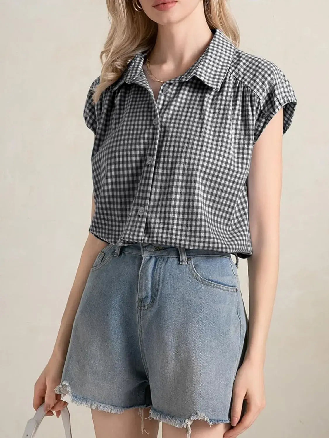 Plaid Button Up Cap Sleeve Shirt - Trendsi - Flyclothing LLC