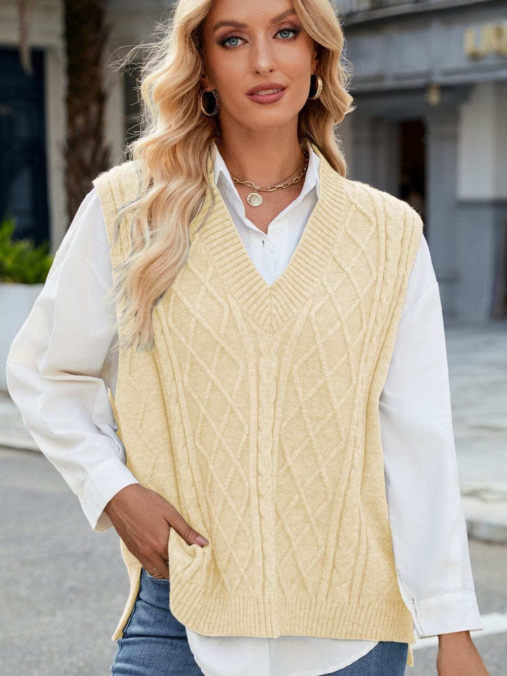Cable Knit V-Neck Sweater Vest - Trendsi - Flyclothing LLC