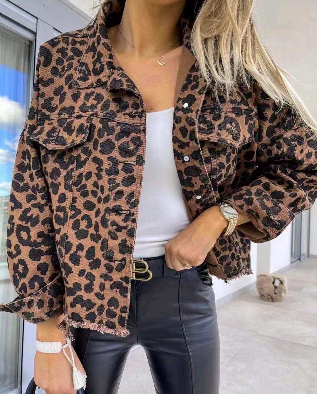 Raw Hem Leopard Collared Neck Denim Jacket - Trendsi - Flyclothing LLC