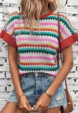 Contrast Round Neck Short Sleeve Sweater - Trendsi - Flyclothing LLC