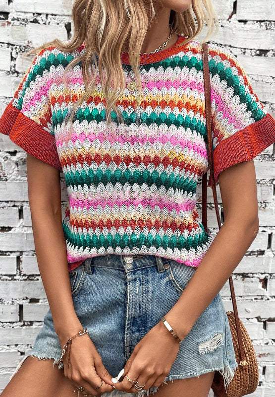 Contrast Round Neck Short Sleeve Sweater - Trendsi - Flyclothing LLC