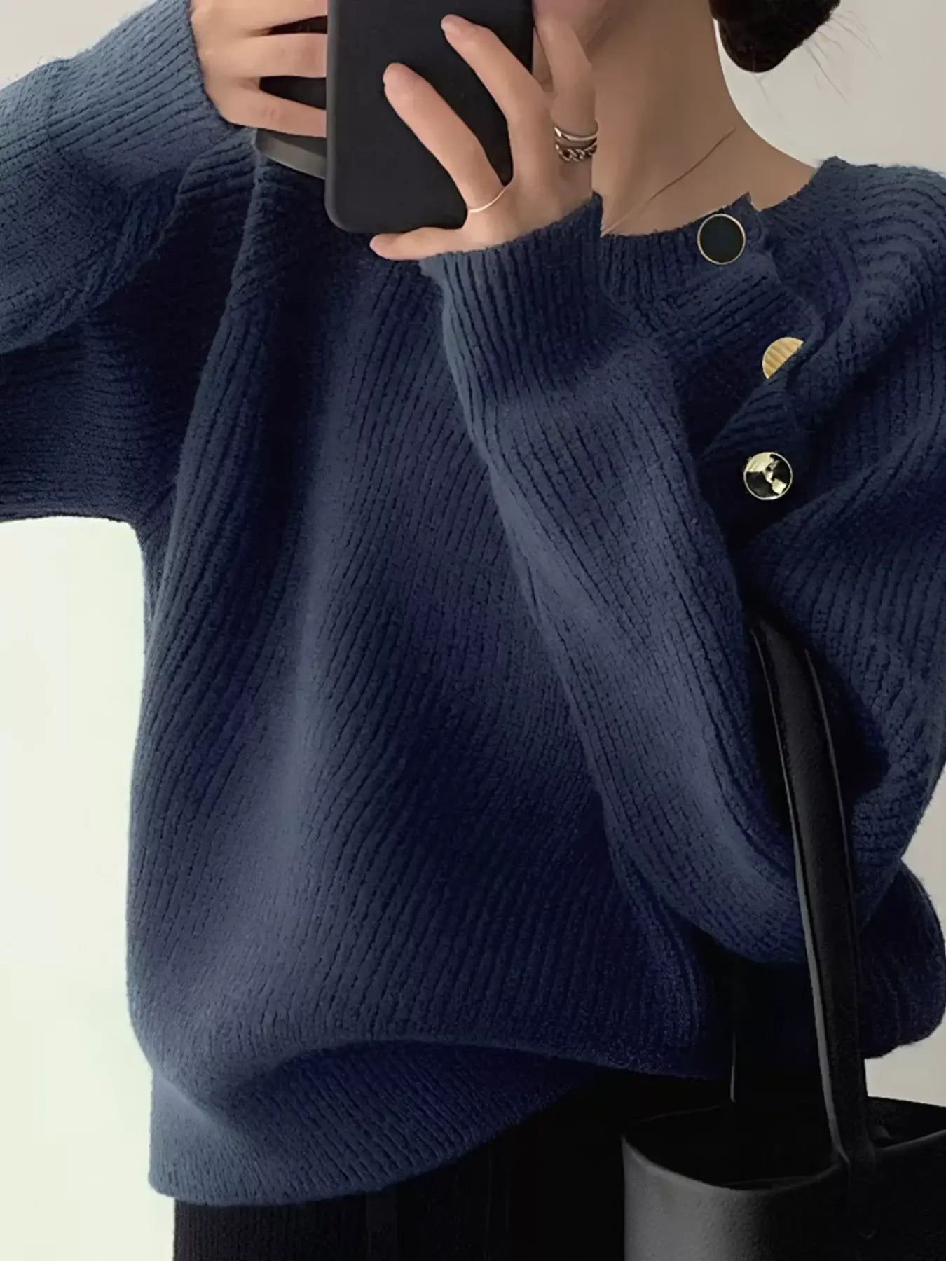 Button-Decorated Round Neck Sweater - Trendsi - Flyclothing LLC
