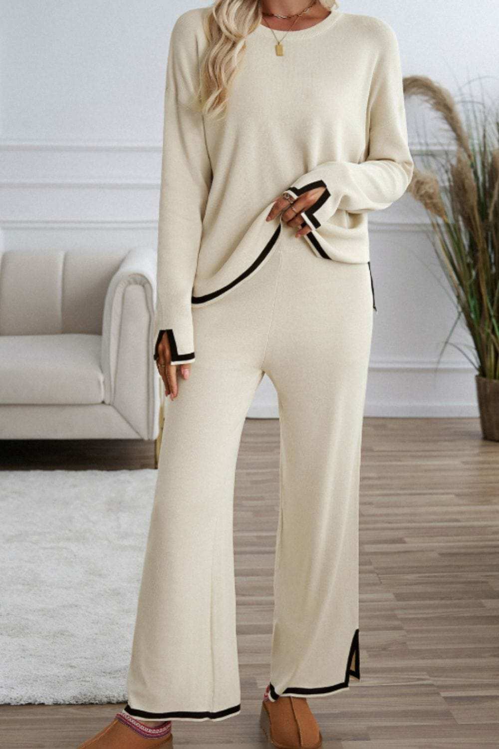 Contrast Trim Round Neck Top and Pants Sweater Set - Trendsi