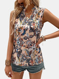 Printed Notched Sleeveless Top - Trendsi