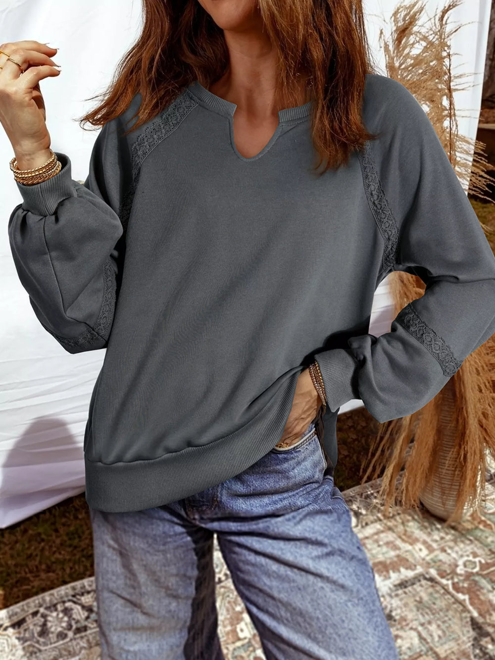 Lace Patchwork Detail Notched Mineral Wash Sweatshirt - Trendsi - Flyclothing LLC