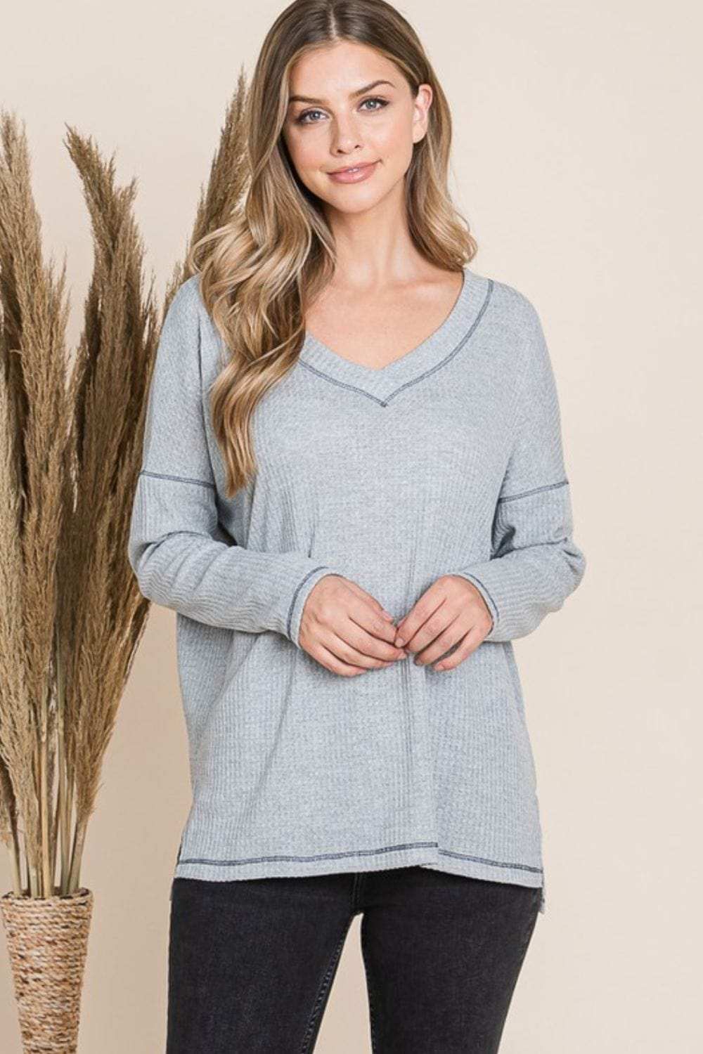 Reborn J V Neck Long Sleeve Top - Trendsi - Flyclothing LLC