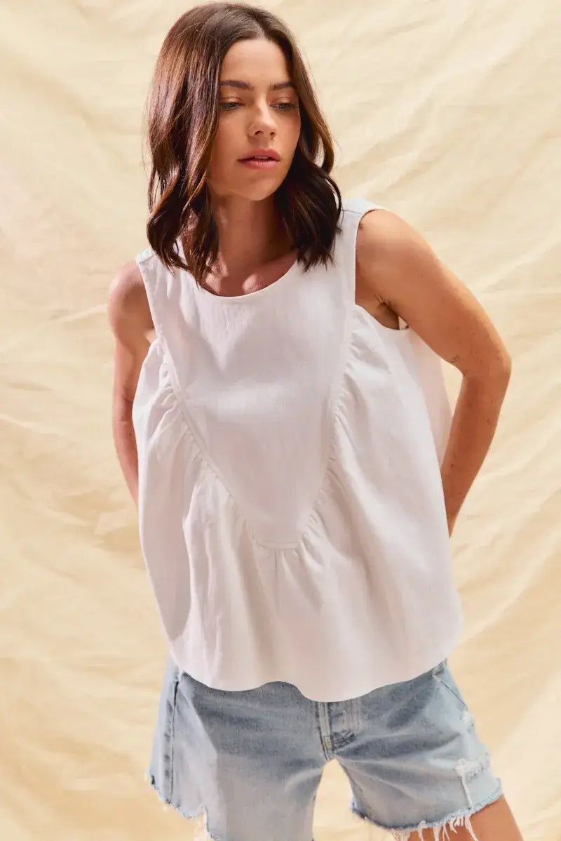 SO ME Game Day Color Denim Ruched Sleeveless Top - Trendsi - Flyclothing LLC