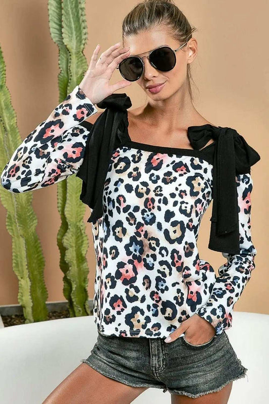 BiBi Leopard Shoulder Tie Long Sleeve Top - Trendsi - Flyclothing LLC