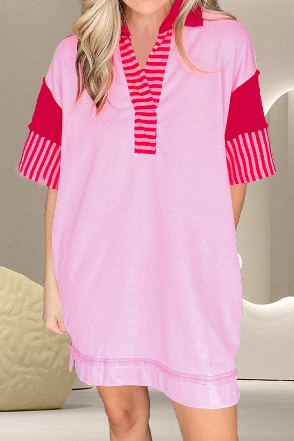 Color Block Johnny Collar Half Sleeve Dress - Trendsi - Flyclothing LLC