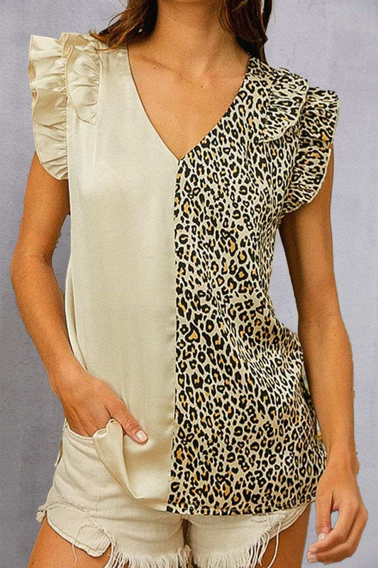 Ruffled Leopard V-Neck Cap Sleeve Blouse - Trendsi - Flyclothing LLC
