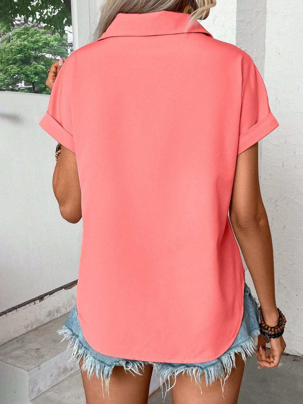 Pleated Detail Collared Neck Short Sleeve Shirt - Trendsi - Flyclothing LLC