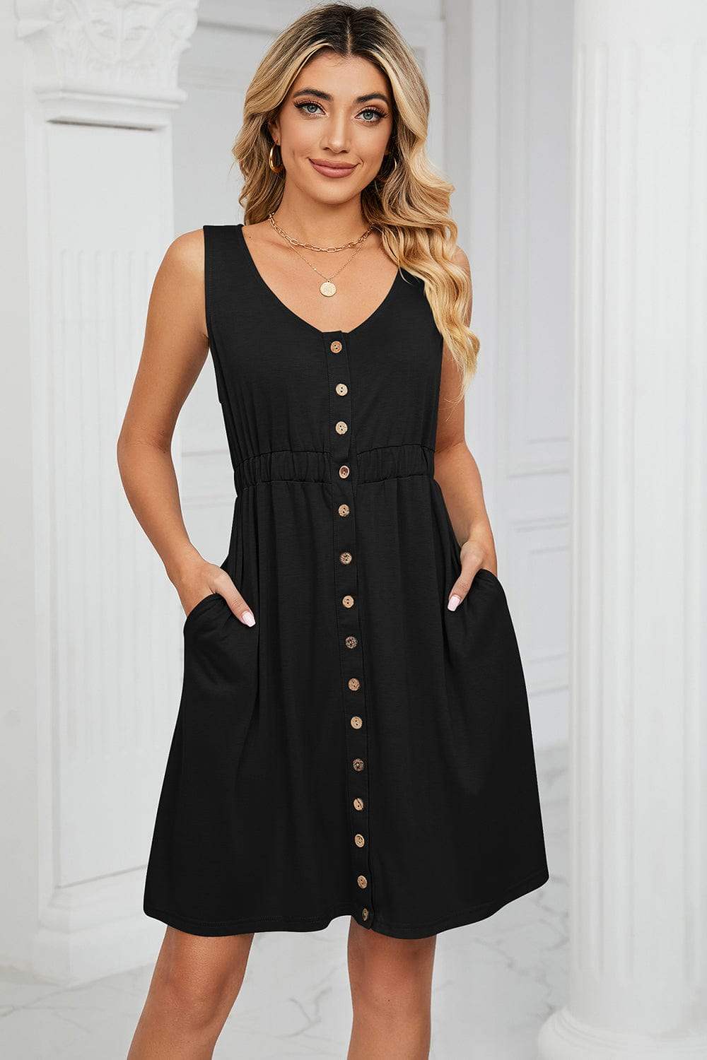 Buttoned Wide Strap Mini Dress - Trendsi - Flyclothing LLC