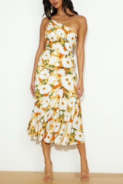 Ruched Printed Single Shoulder Midi Dress - Trendsi