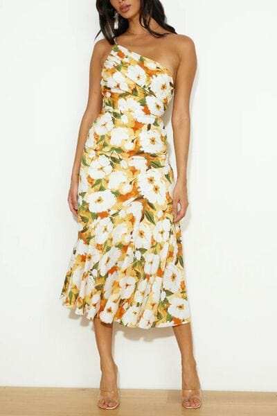 Ruched Printed Single Shoulder Midi Dress - Trendsi - Flyclothing LLC