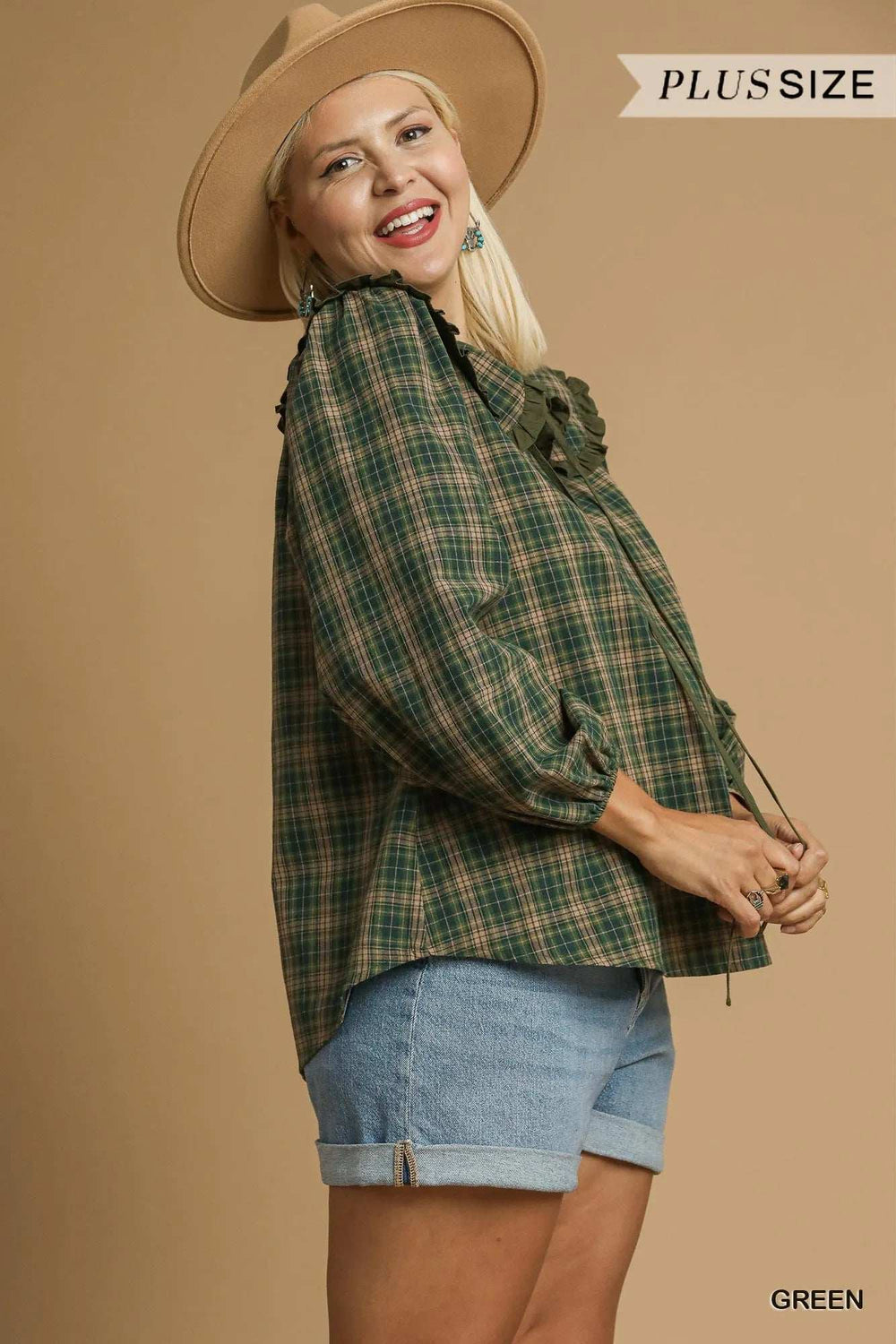 Umgee Full Size Plaid Ruffle Collar Blouse Plus Size - Trendsi - Flyclothing LLC