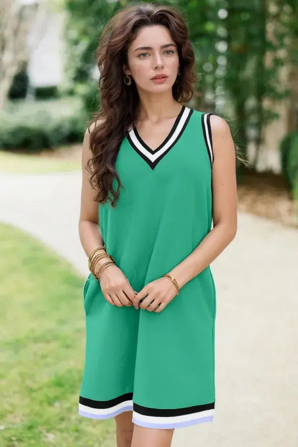 Color Contrast Trim V Neck Shift Sleeveless Mini Dress - Trendsi - Flyclothing LLC