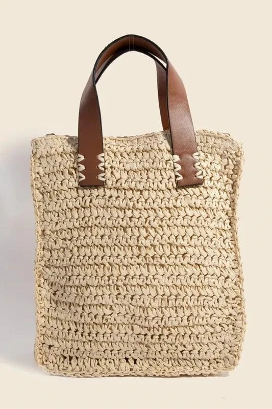 Fame Faux Leather Handle Straw Braided Handbag - Trendsi