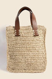 Fame Faux Leather Handle Straw Braided Handbag - Trendsi
