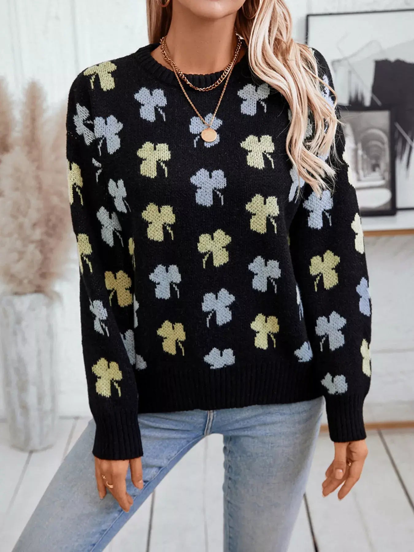 Clover Round Neck Long Sleeve Sweater - Trendsi - Flyclothing LLC