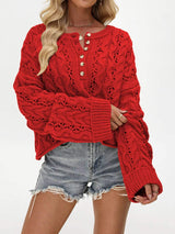 Chic Cable Knit Half-Button Openwork Sweater - Trendsi - Flyclothing LLC