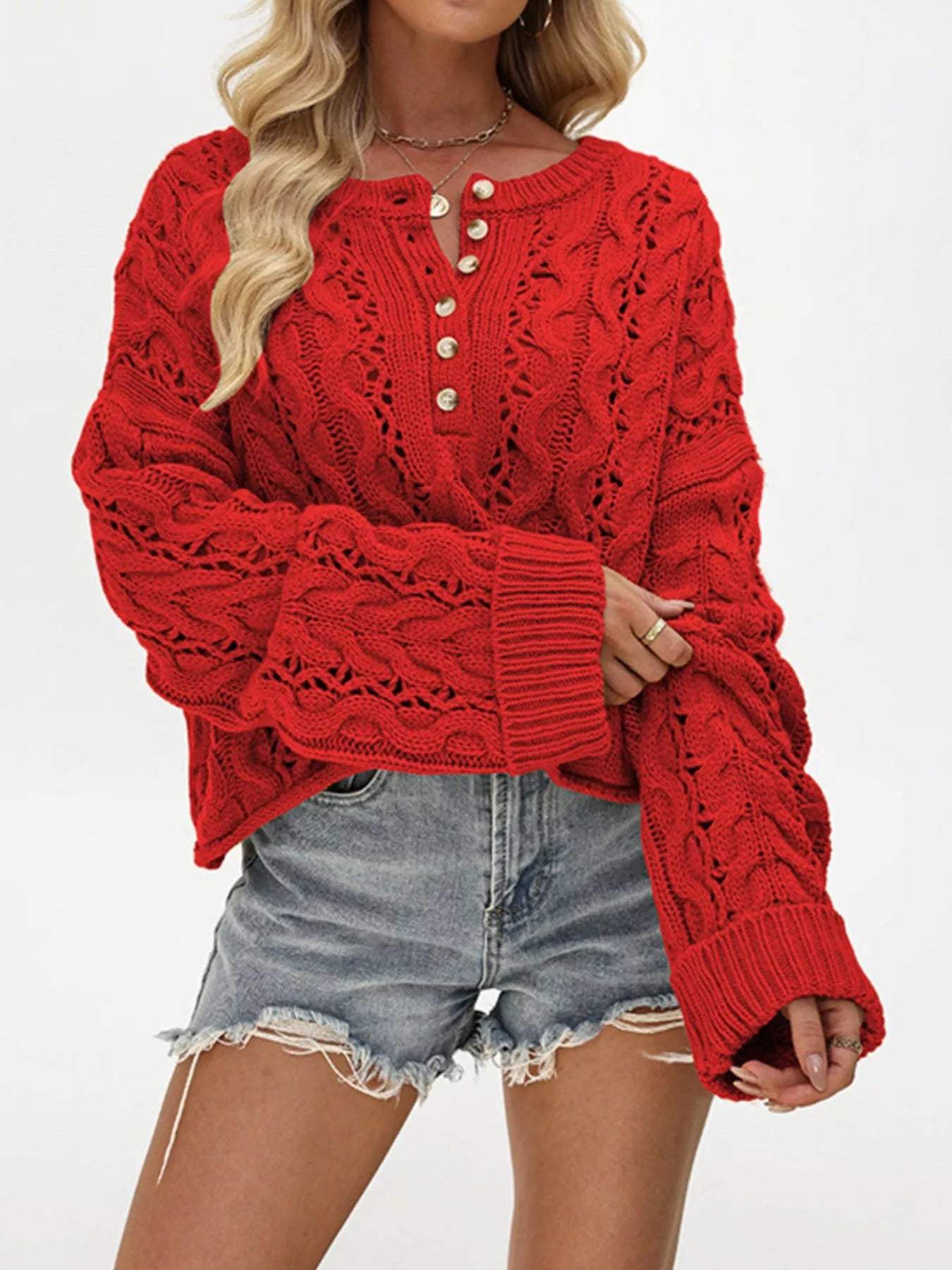 Chic Cable Knit Half-Button Openwork Sweater - Trendsi - Flyclothing LLC