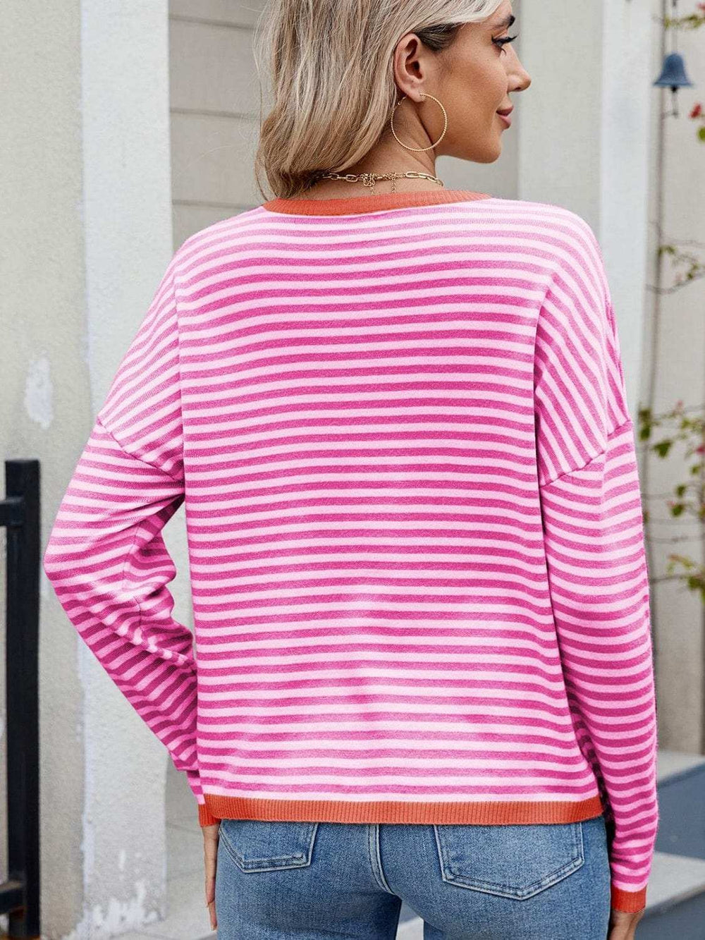 Striped Contrast Round Neck Long Sleeve Sweater - Trendsi - Flyclothing LLC