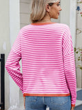Striped Contrast Round Neck Long Sleeve Sweater - Trendsi - Flyclothing LLC