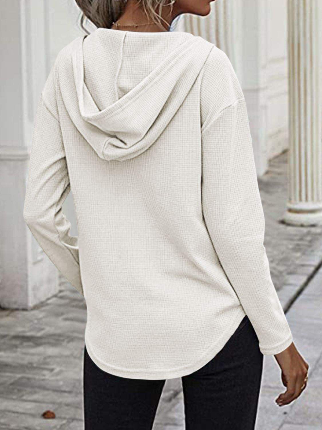 Drawstring Waffle Knit Long Sleeve Hooded Top - Trendsi - Flyclothing LLC