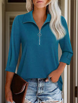 Half Zip Collared Neck Three-Quarter Sleeve T-Shirt - Trendsi - Flyclothing LLC