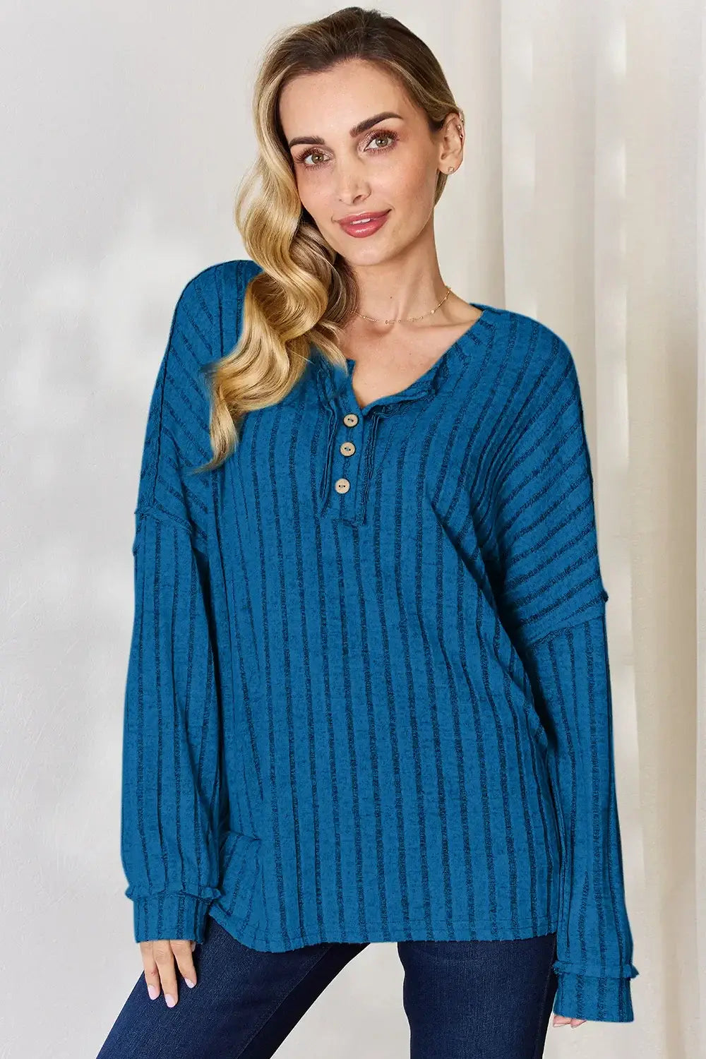 Basic Bae Full Size Ribbed Half Button Long Sleeve T-Shirt - ShopBasicbae - Flyclothing LLC