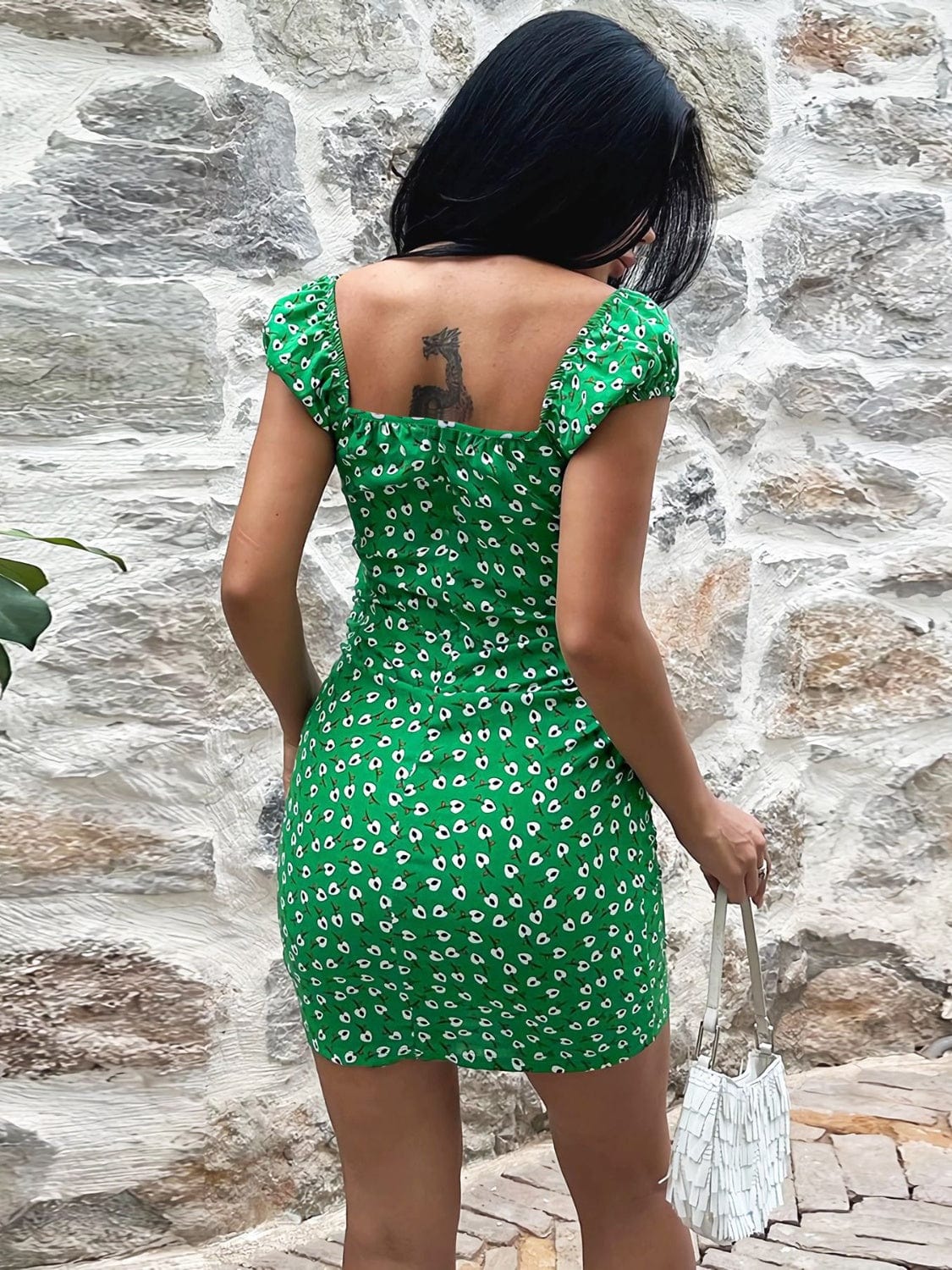 Printed V-Neck Short Sleeve Mini Dress - Trendsi