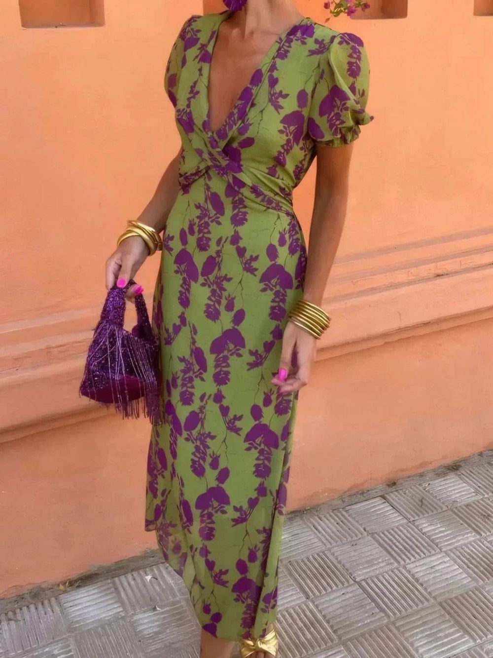 Printed Plunge Short Sleeve Midi Dress - Trendsi - Flyclothing LLC