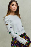 SO ME Mardi Gras Glitter Bow Ribbon Sweater Knit Top - Trendsi - Flyclothing LLC
