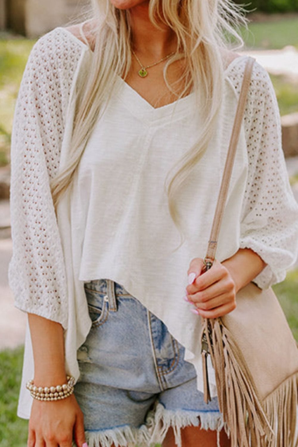 Openwork High Low Hem V Neck Oversized Top - Trendsi