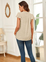Swiss Dot Notched Cap Sleeve Blouse - Trendsi - Flyclothing LLC