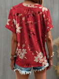 Printed Notched Short Sleeve T-Shirt - Trendsi