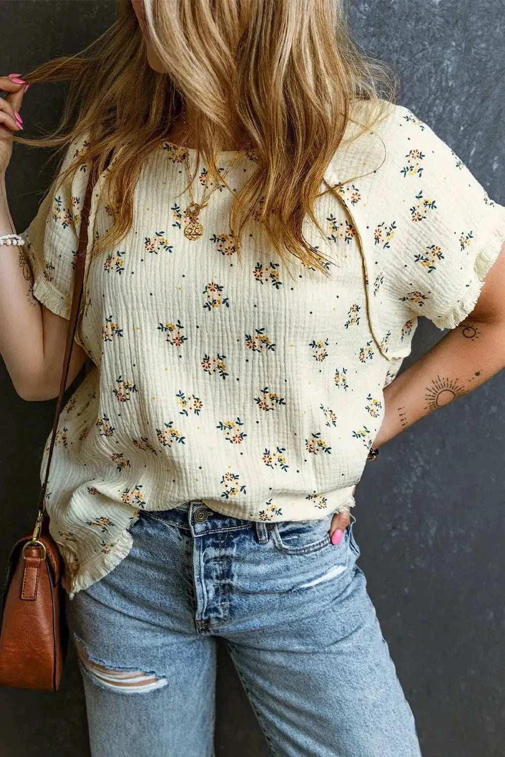 Raw Hem Printed Round Neck Short Sleeve Top - Trendsi - Flyclothing LLC