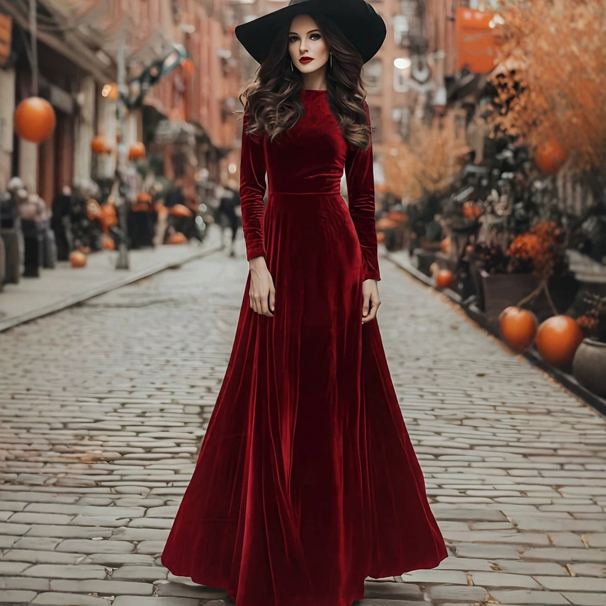Women's Halloween Long-sleeve Long Velvet Dress