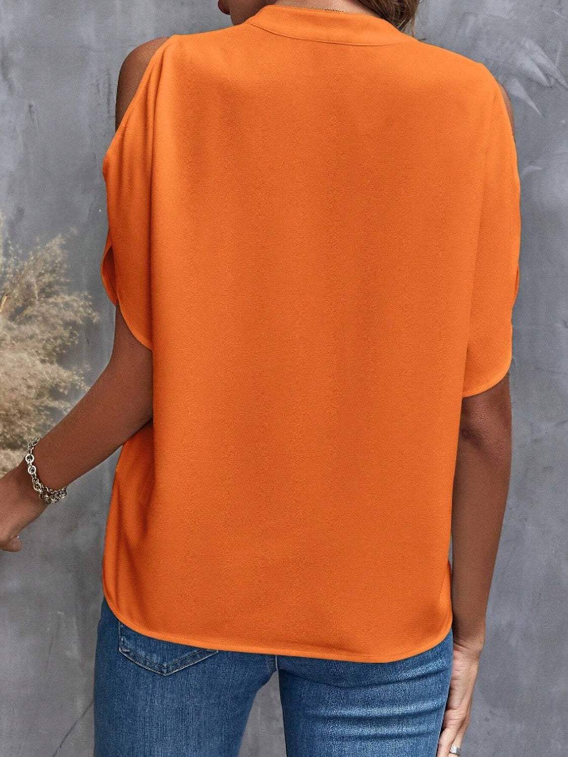 Notched Cold Shoulder Half Sleeve Blouse - Trendsi - Flyclothing LLC