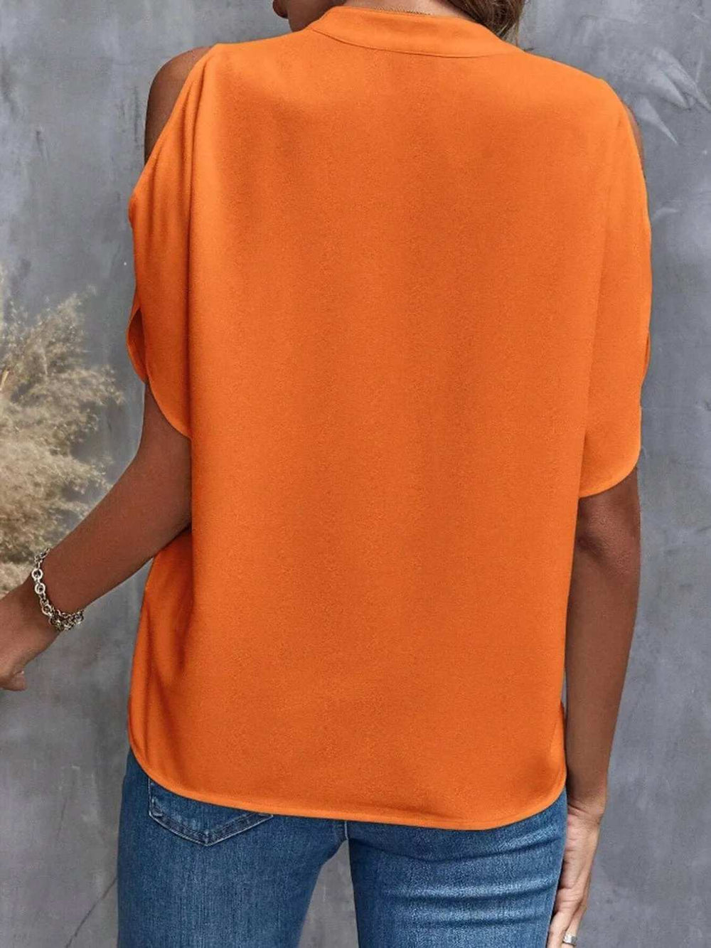 Notched Cold Shoulder Half Sleeve Blouse - Trendsi - Flyclothing LLC