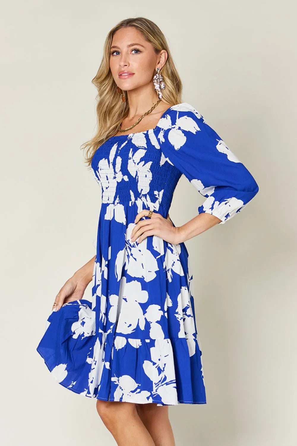 Double Take Full Size Floral Ruffle Hem Smocked Dress with Pockets - Trendsi - Flyclothing LLC