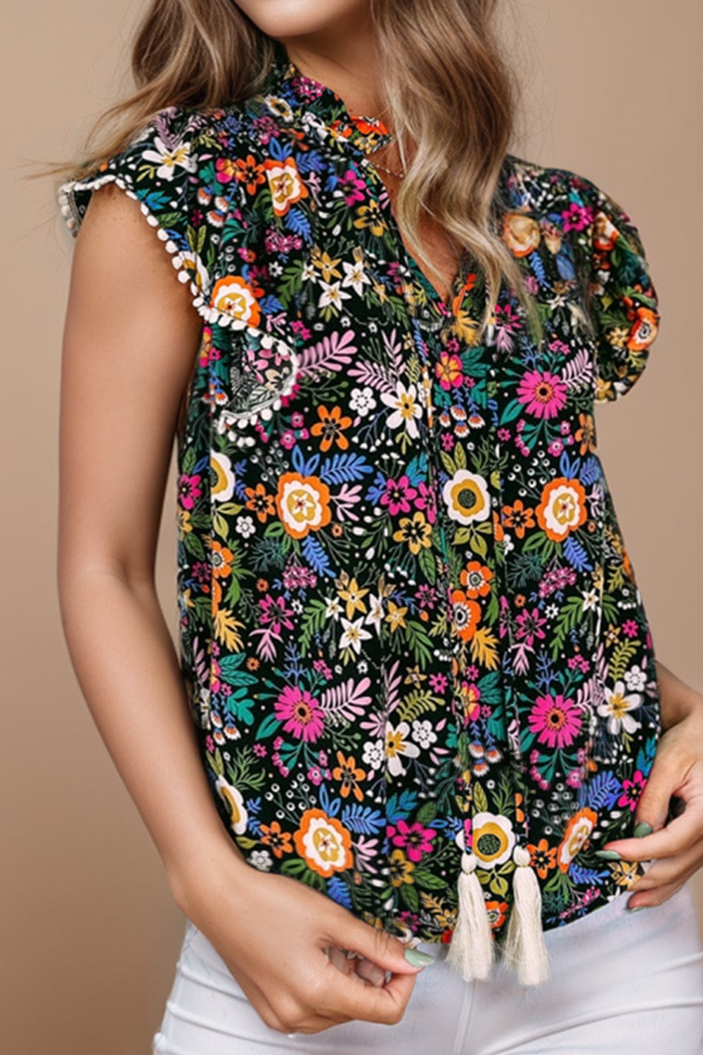Tassel Printed Cap Sleeve Blouse - Trendsi