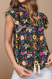 Tassel Printed Cap Sleeve Blouse - Trendsi