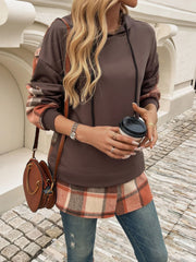 Devine Drawstring Plaid Long Sleeve Hoodie - Trendsi