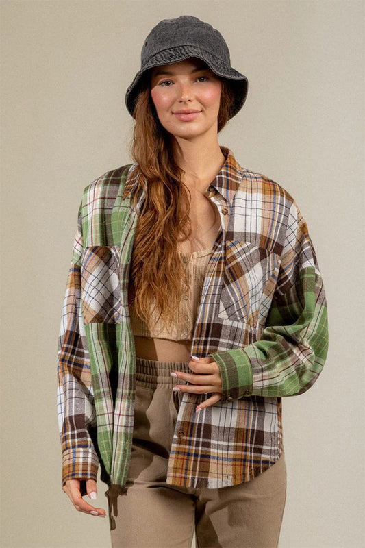 Plaid Collared Neck Long Sleeve Shirt - Trendsi