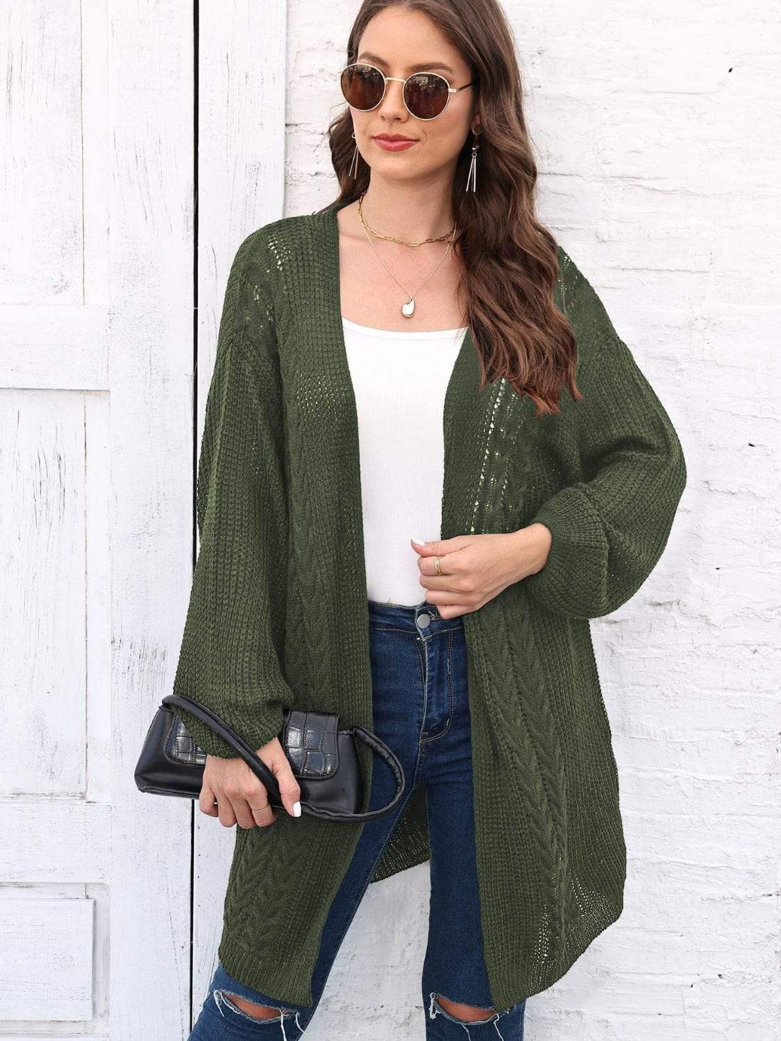 Cable-Knit Open Front Long Sleeve Cardigan - Trendsi - Flyclothing LLC