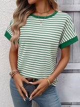 Striped Ribbed Knit Short Sleeve T-Shirt - Trendsi - Flyclothing LLC