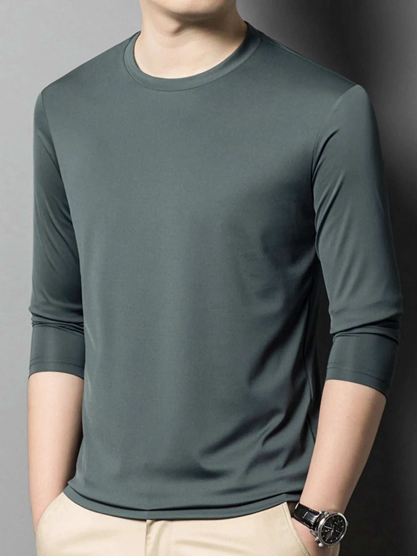 Men's Plus Size Round Neck Long Sleeve T-Shirt - Trendsi - Flyclothing LLC